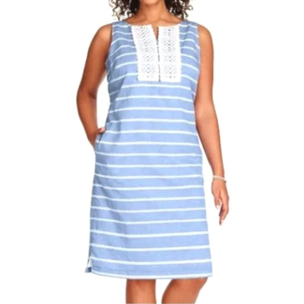 Talbots Linen Sheath Dress Striped Cotton Lace Yoke Blue White Pockets NWT 14‎